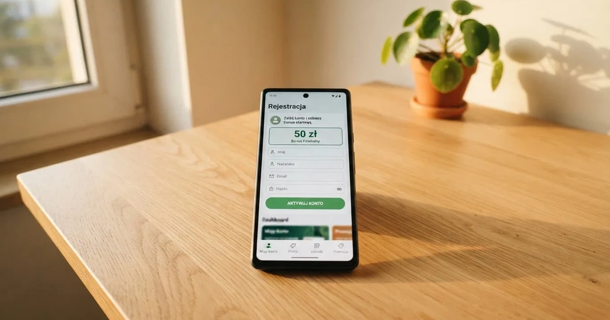 Smartfon z otwartym formularzem zakładania konta gracza i zakładką aktywacji środków bonusowych w sekcji Moje Konto