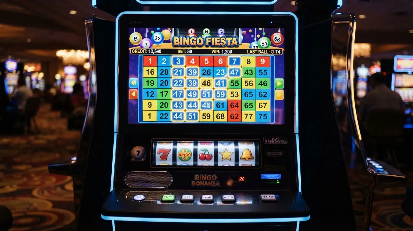 Ekran automatu do gry z kolorową planszą w stylu bingo i podświetlonymi liczbami