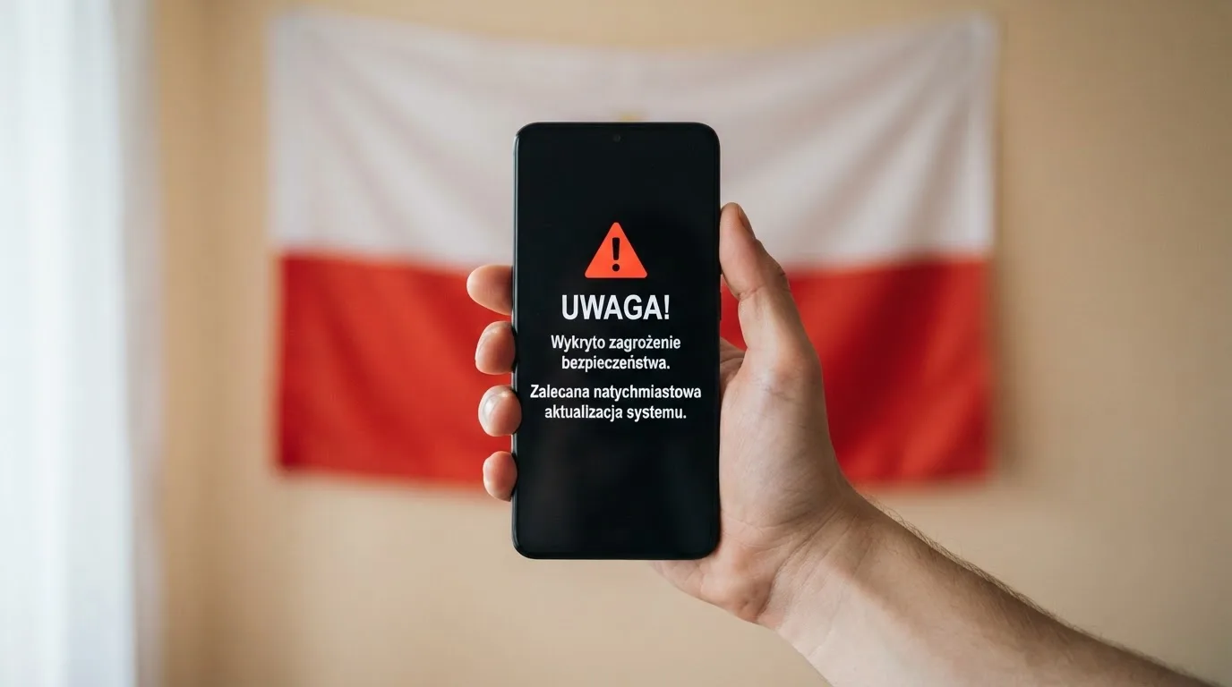 Dłoń trzymająca telefon z widocznym komunikatem ostrzegawczym o legalności hazardu online na tle biało-czerwonej flagi Polski.