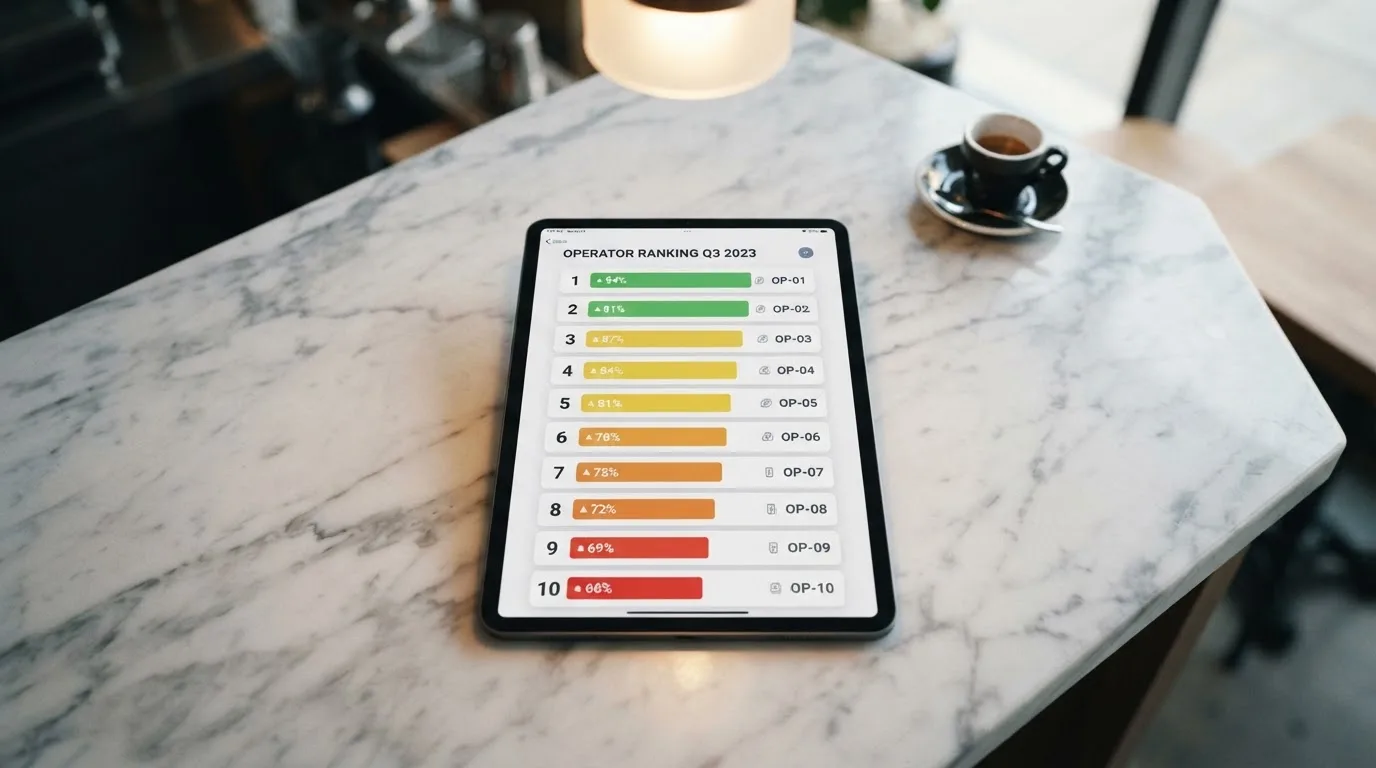 Ranking dziesięciu kart operatorów online ułożonych od najwyżej do najniżej ocenionego na ekranie tabletu.