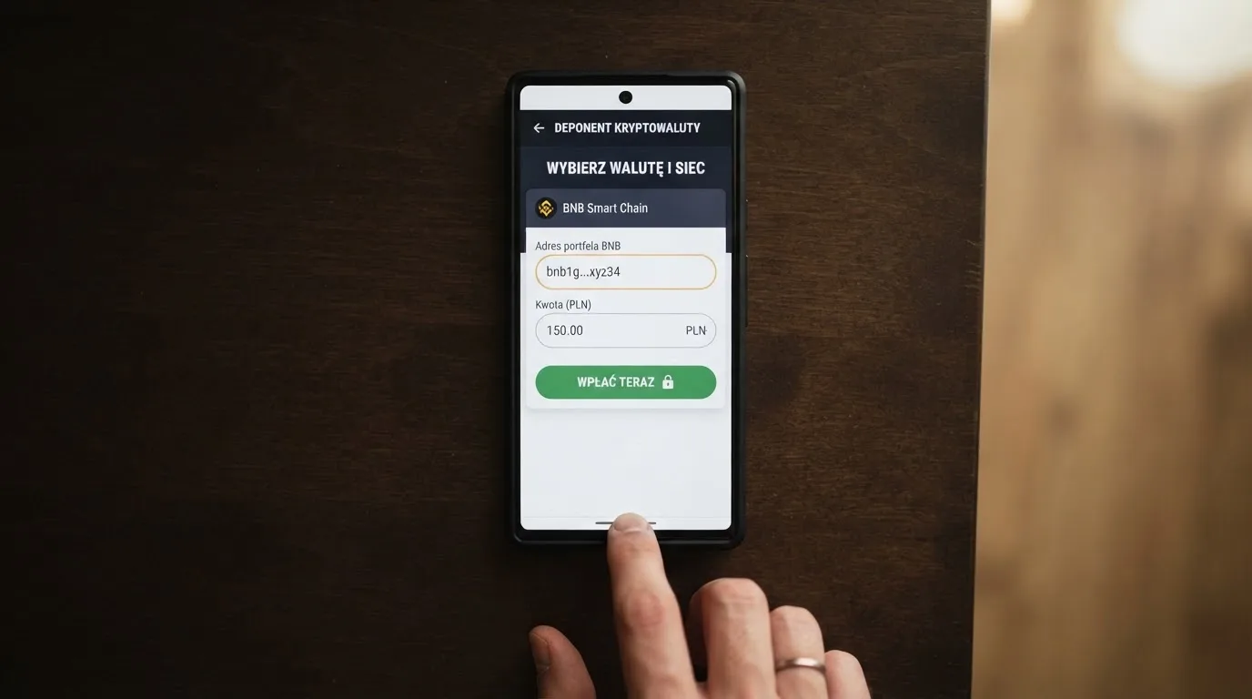 Zbliżenie na formularz wpłaty w kasynie online z polem na adres portfela kryptowalutowego BNB Smart Chain.