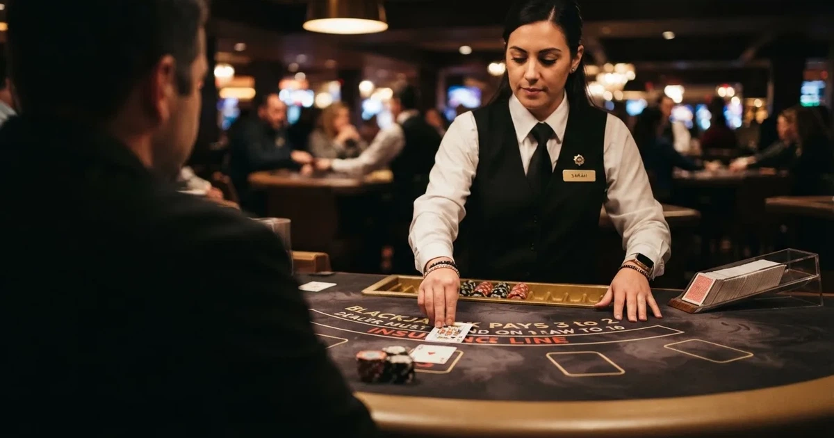 Krupier rozdający karty przy stole blackjacka na żywo w kasynie online