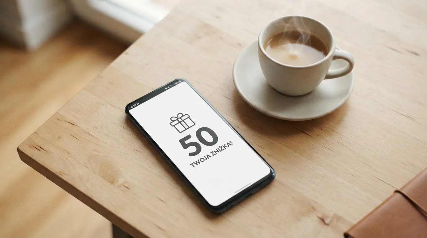 Smartfon leży na biurku z prostą ikoną prezentu i jedną liczbą na ekranie, obok stoi filiżanka kawy