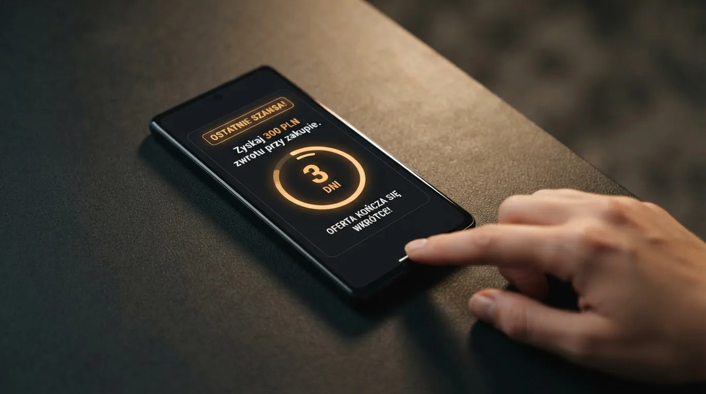 Zbliżenie na telefon z listą warunków promocji i licznikiem odliczającym dni do końca oferty