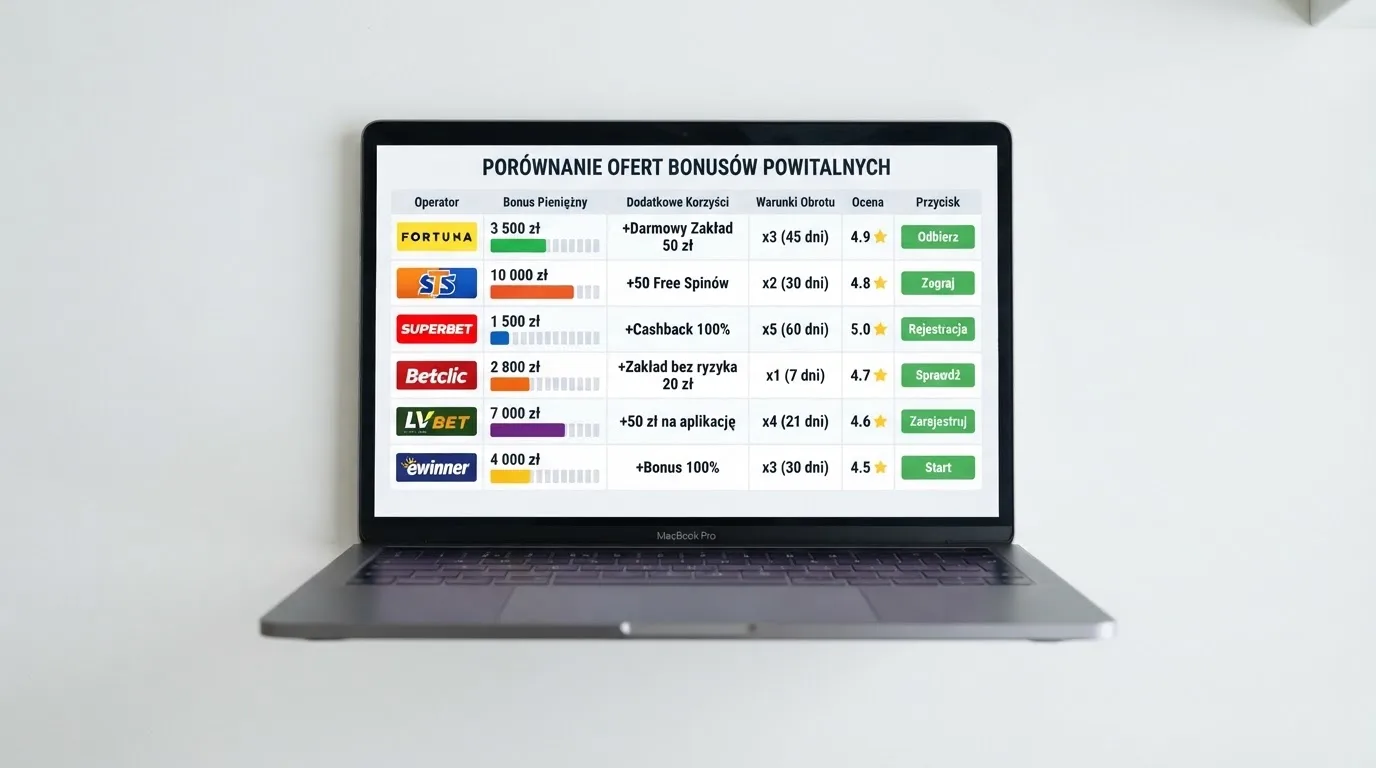 Widok z góry na laptop z otwartą tabelą porównawczą ofert powitalnych kilku serwisów kasynowych