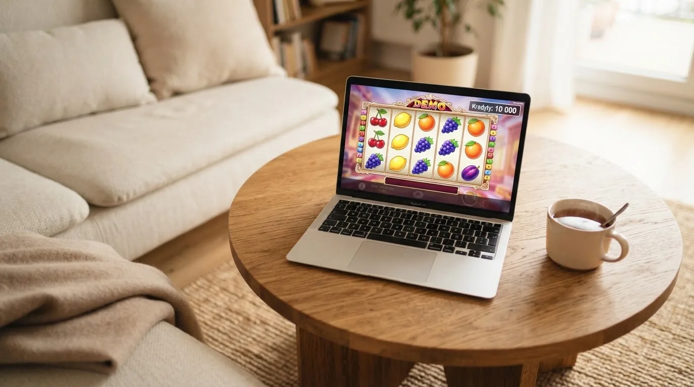 Ekran laptopa z automatem w trybie demo i saldem wirtualnych kredytów, obok kubek herbaty na stole w salonie