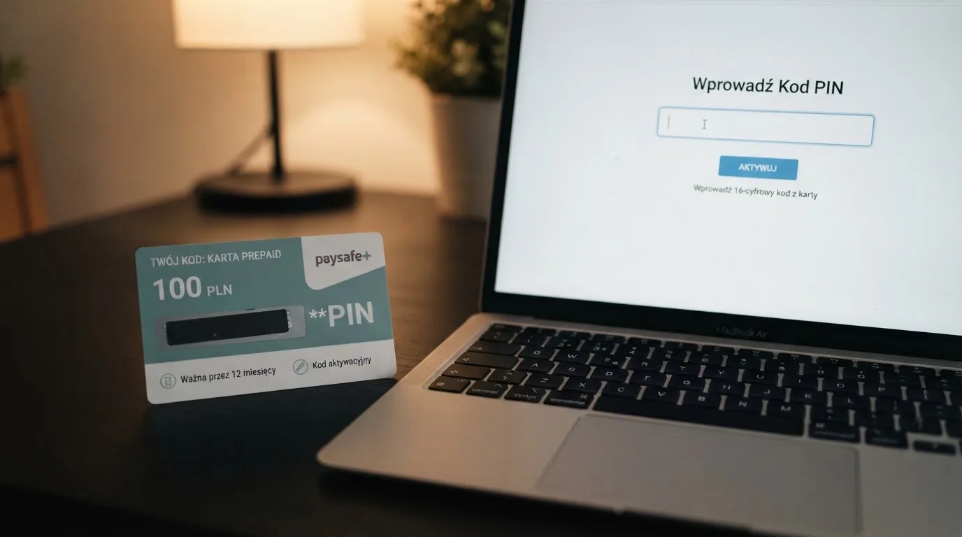 Karta przedpłacona Paysafecard z zasłoniętym polem kodu PIN obok klawiatury laptopa