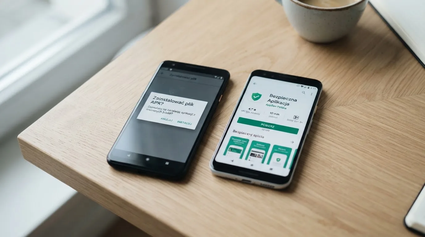 Dwa telefony obok siebie: na jednym komunikat zgody na instalację pliku APK z nieznanego źródła, na drugim strona aplikacji w sklepie z przyciskiem pobierania