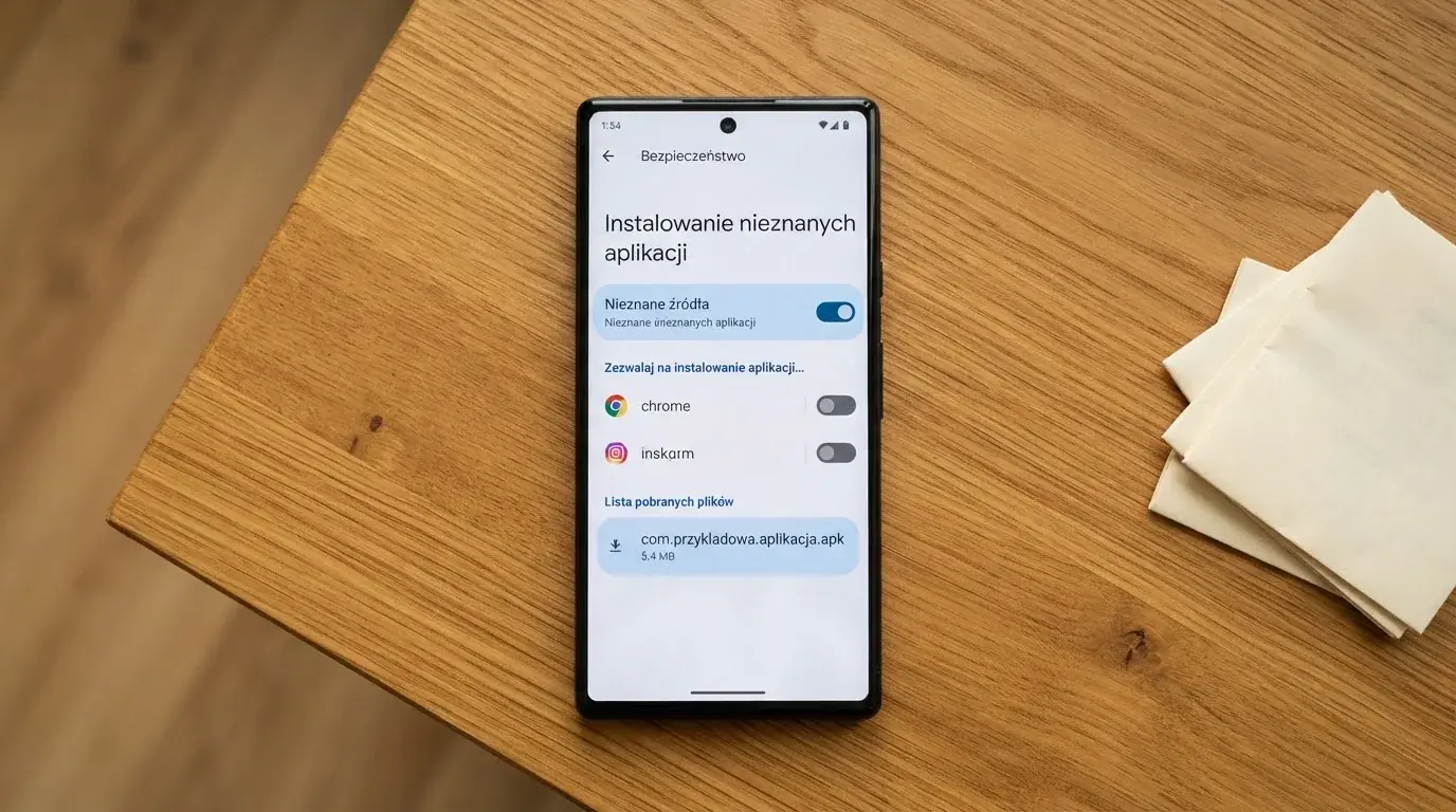 Ekran ustawień Androida z przełącznikiem zgody na instalację aplikacji z nieznanego źródła i pobranym plikiem instalacyjnym na liście