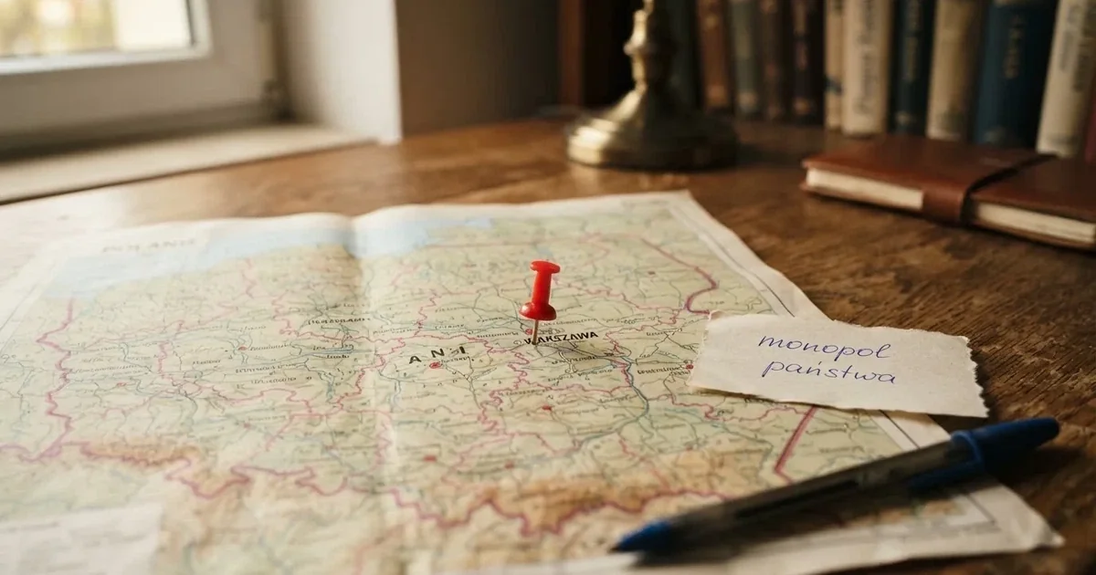 Mapa Polski rozłożona na biurku z jedną czerwoną pinezką wbitą w Warszawę i kartką z odręcznym dopiskiem o monopolu państwa