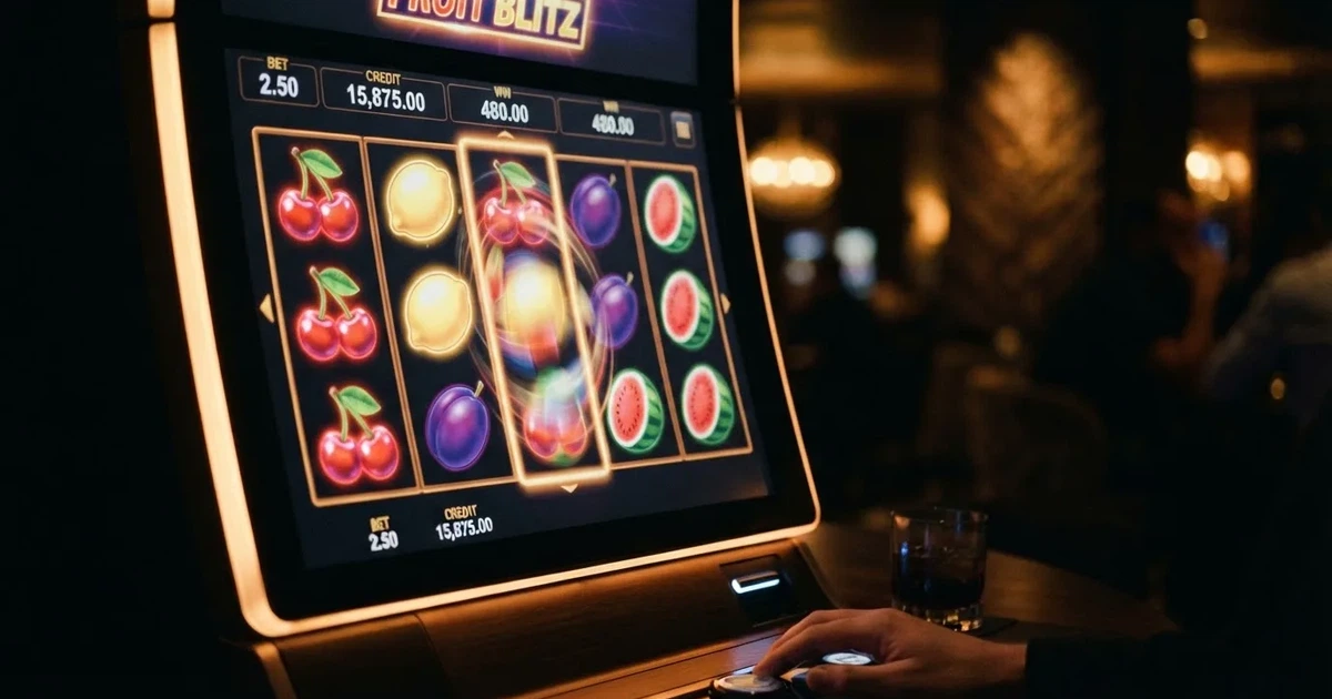 Ekran otwierający automat online z kolorowymi symbolami owoców na wirtualnych bębnach, bez logo żadnego konkretnego kasyna