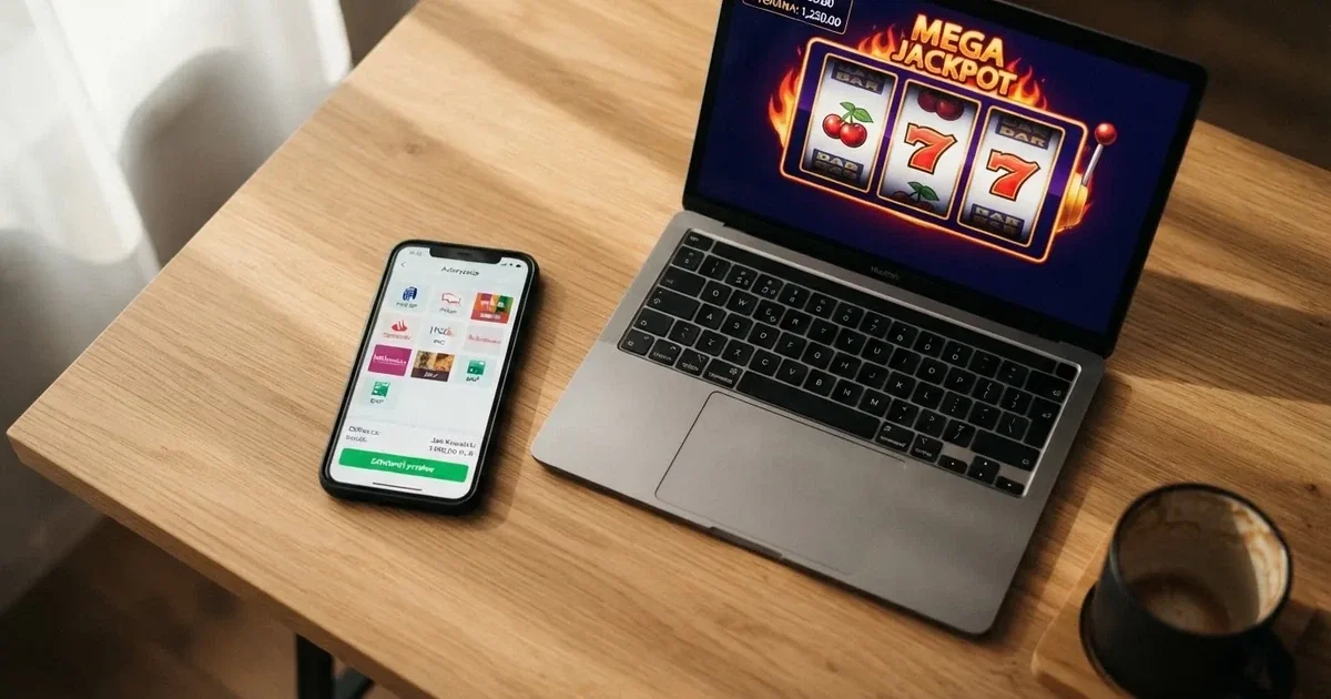 Smartfon z ekranem wyboru banku i zatwierdzania przelewu obok laptopa z otwartą stroną gry, bez logotypów