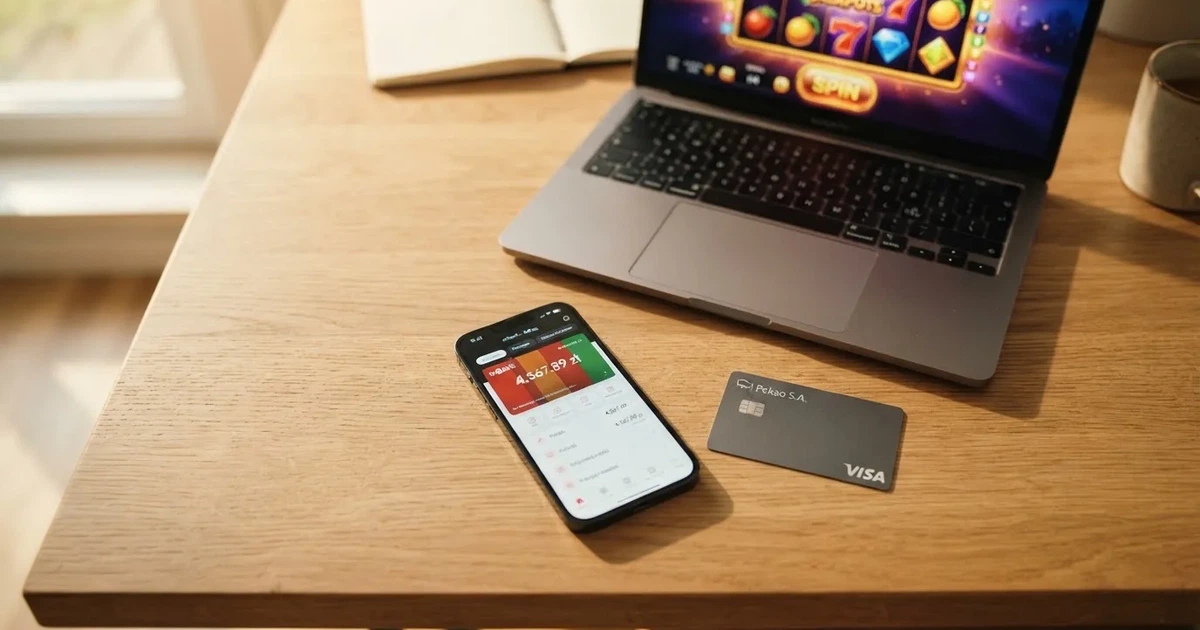 Ekran aplikacji bankowej na smartfonie leżącym obok karty płatniczej i otwartego na laptopie ekranu logowania do serwisu gier online