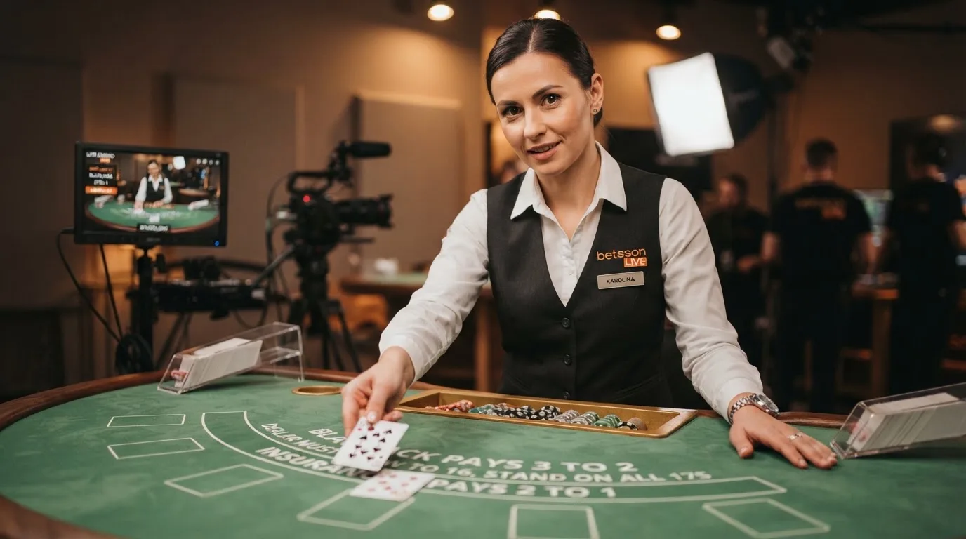 Krupier rozdający karty przy stole blackjacka podczas transmisji na żywo