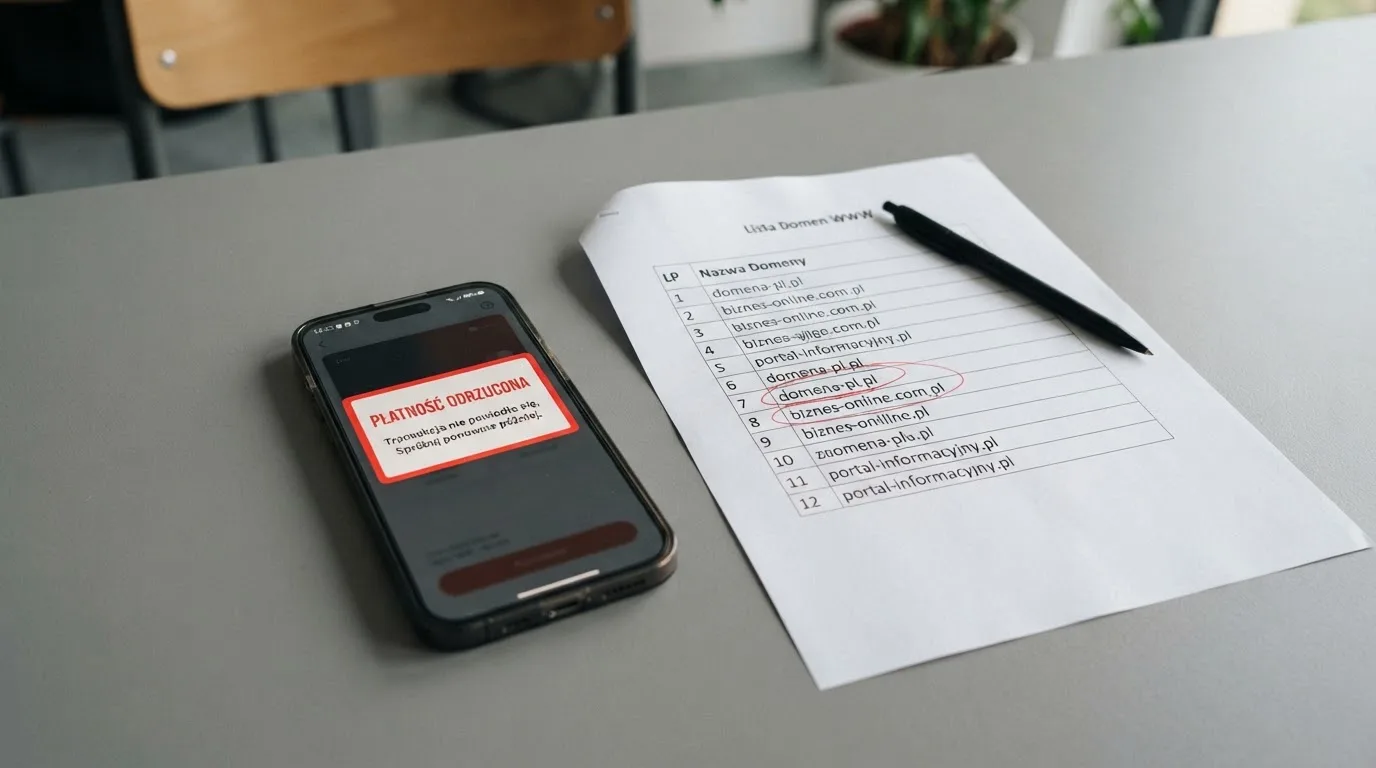 Telefon z komunikatem o odrzuconej płatności na ekranie, obok wydruk tabeli z listą zablokowanych adresów stron