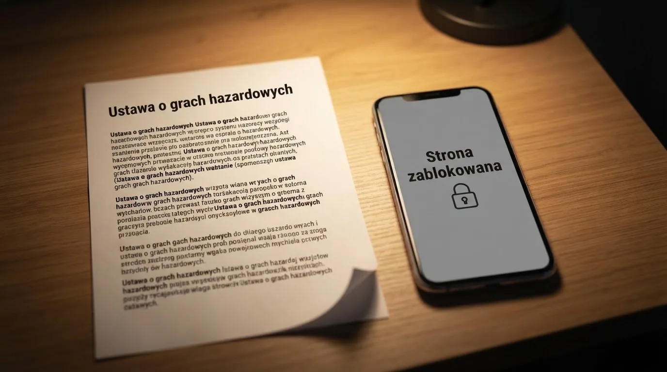 Biurko z wydrukiem ustawy o grach hazardowych i telefonem wyświetlającym komunikat o zablokowanej stronie kasyna