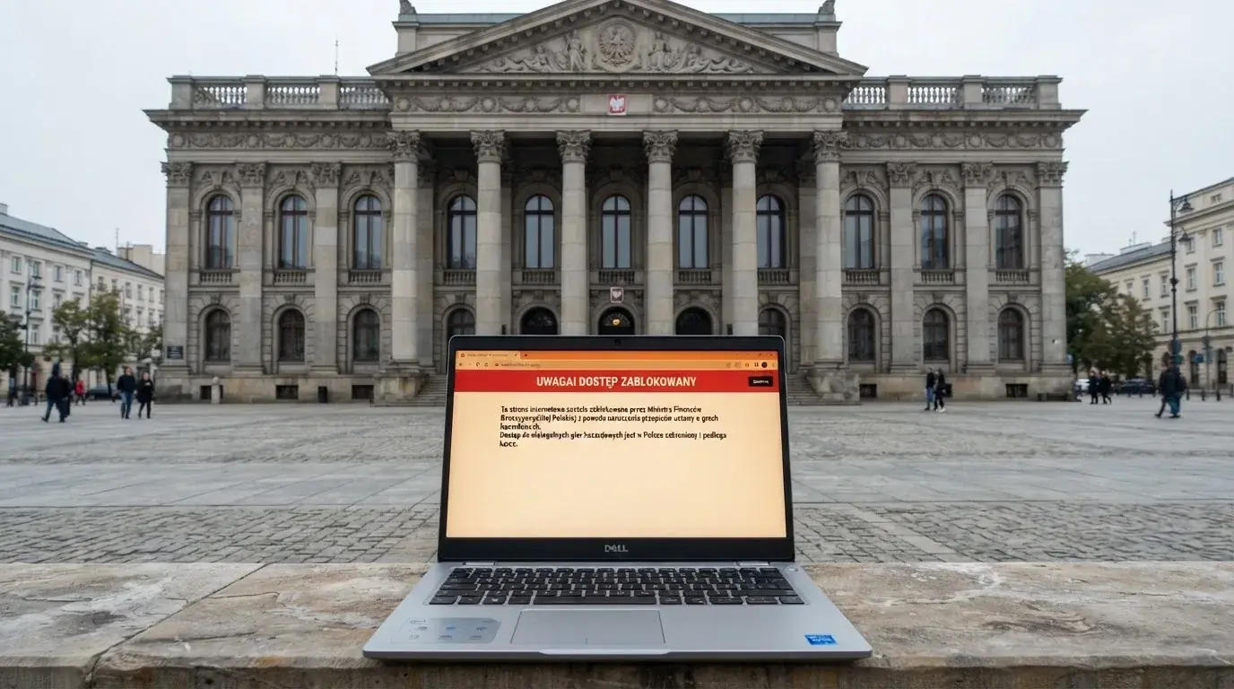 Budynek urzędu z tablicą ministerstwa, na pierwszym planie laptop z komunikatem o zablokowanej stronie kasyna