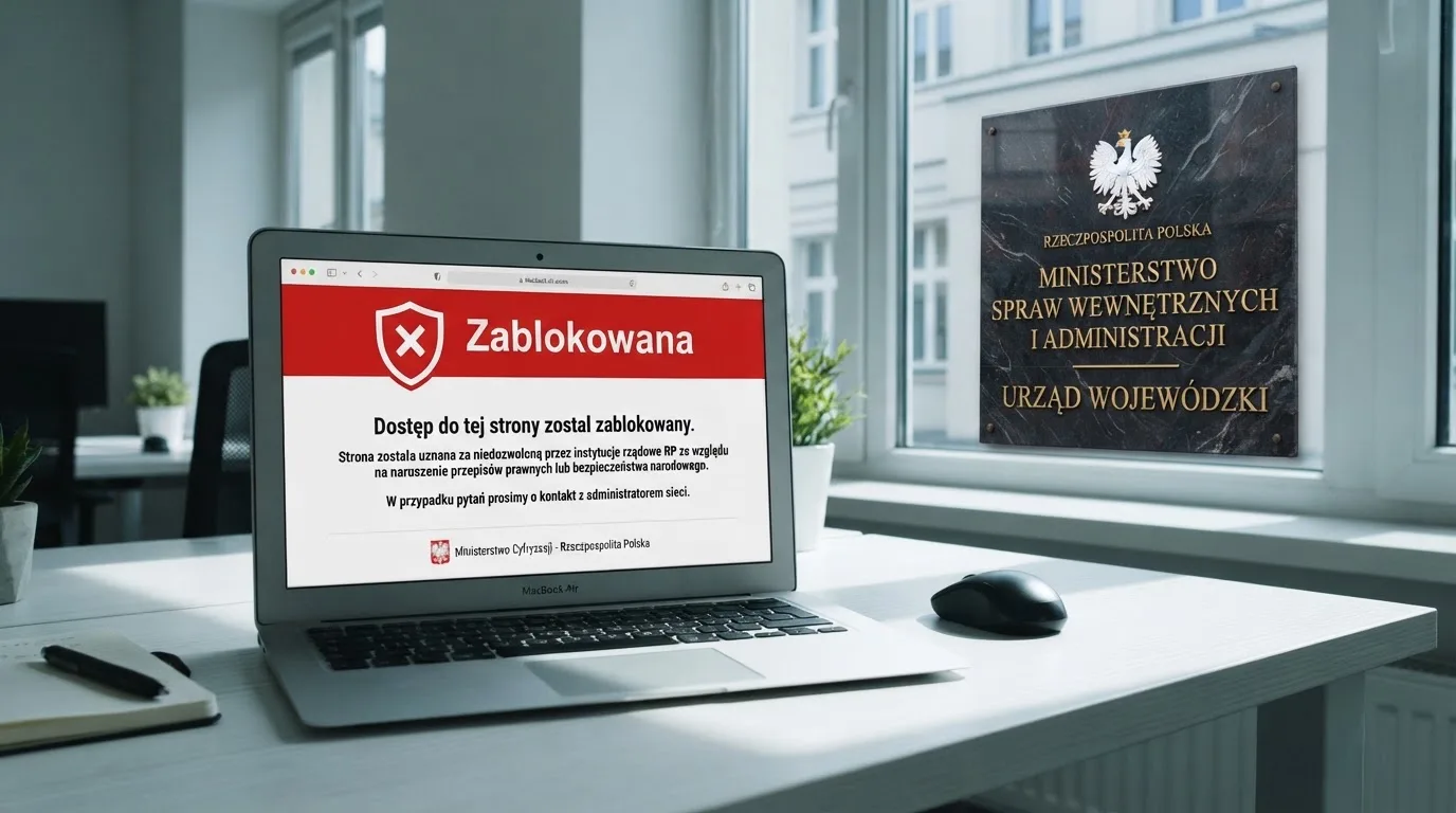 Laptop z komunikatem o zablokowanej stronie hazardowej, w tle budynek urzędu z tablicą ministerstwa