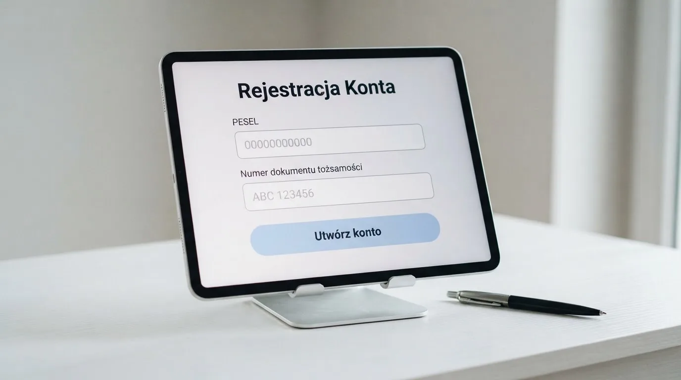 Formularz rejestracji konta gracza z polami na PESEL i numer dokumentu tożsamości na ekranie tabletu