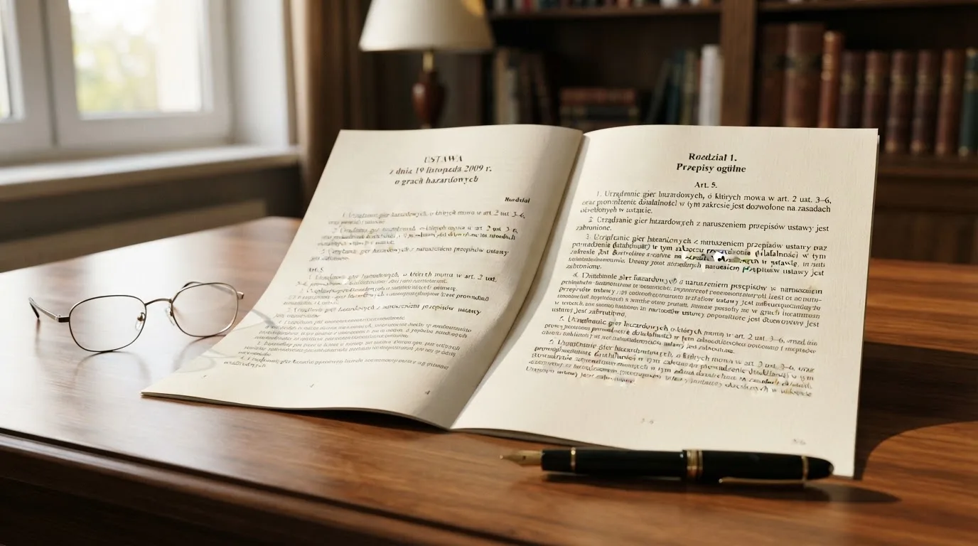 Wydrukowany tekst ustawy o grach hazardowych otwarty na artykule 5, obok okularów i długopisu na biurku