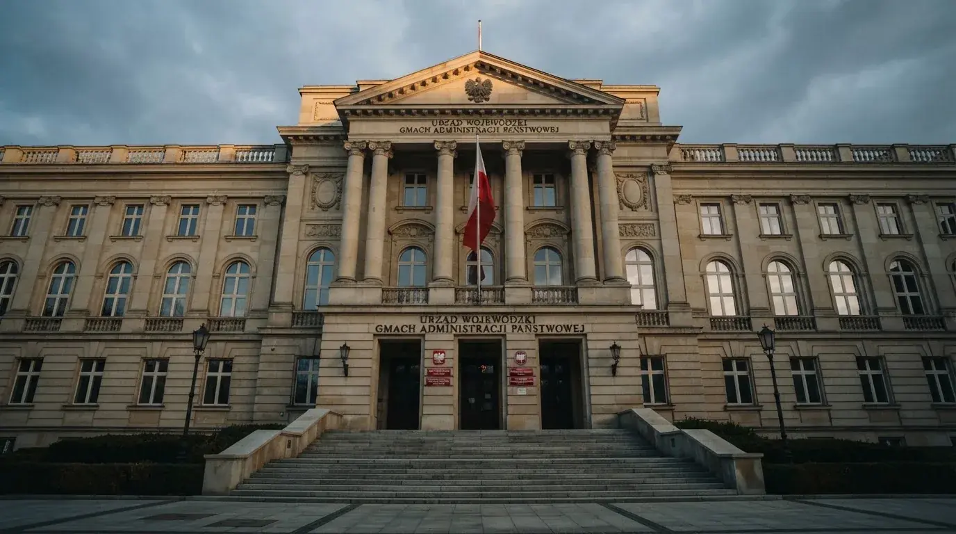 Budynek urzędu administracji państwowej z flagą Polski na maszcie w tle