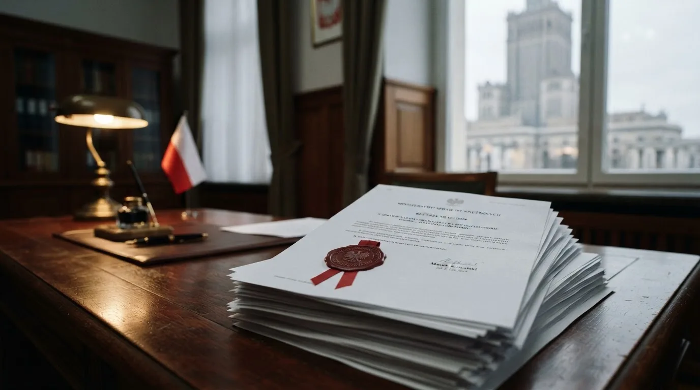 Stos dokumentów urzędowych i pieczęć na biurku, w tle sylwetka budynku administracji publicznej