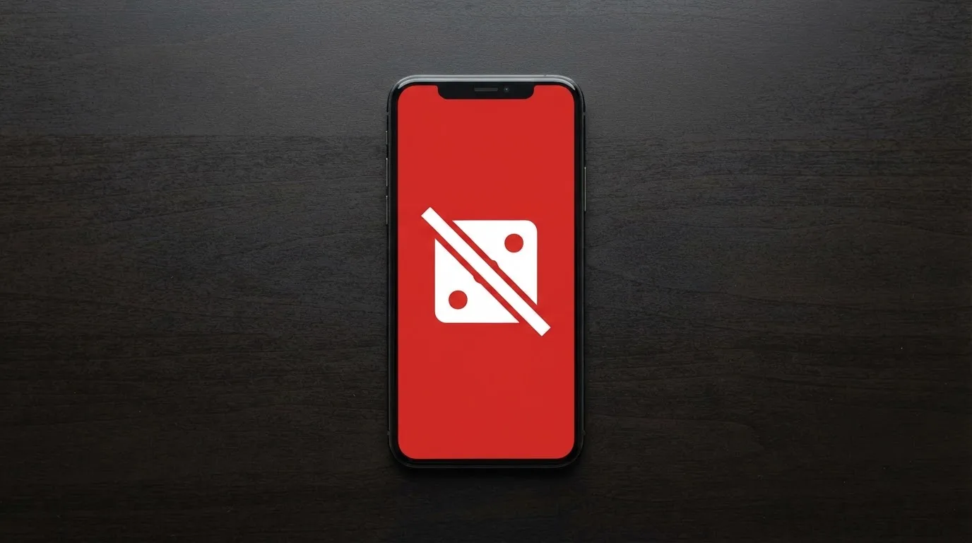 Smartfon leży na stole z prostą przekreśloną ikoną kostki do gry na czerwonym tle
