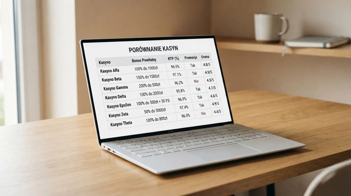 Ekran laptopa z tabelą porównawczą kilku serwisów kasynowych, bez widocznych logotypów marek