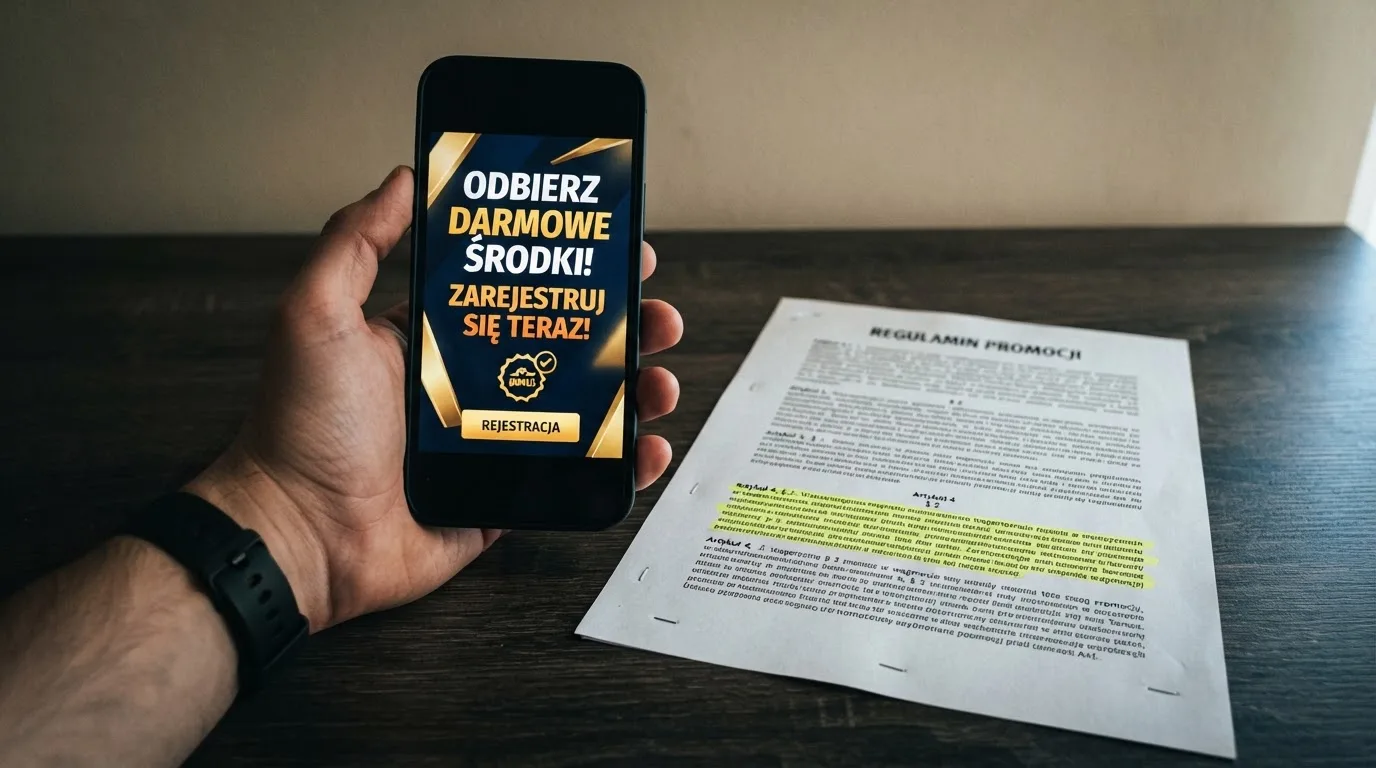 Telefon z banerem obiecującym darmowe złotówki za założenie konta, obok wydrukowany tekst ustawy o grach hazardowych z zaznaczonym artykułem