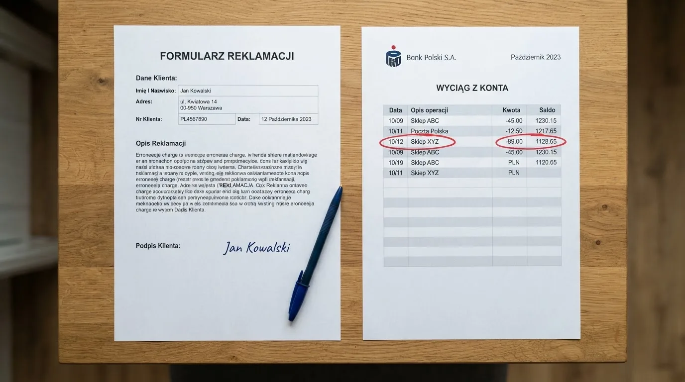 Wydrukowany formularz reklamacji leżący na biurku obok długopisu i wyciągu bankowego z zakreśloną pozycją
