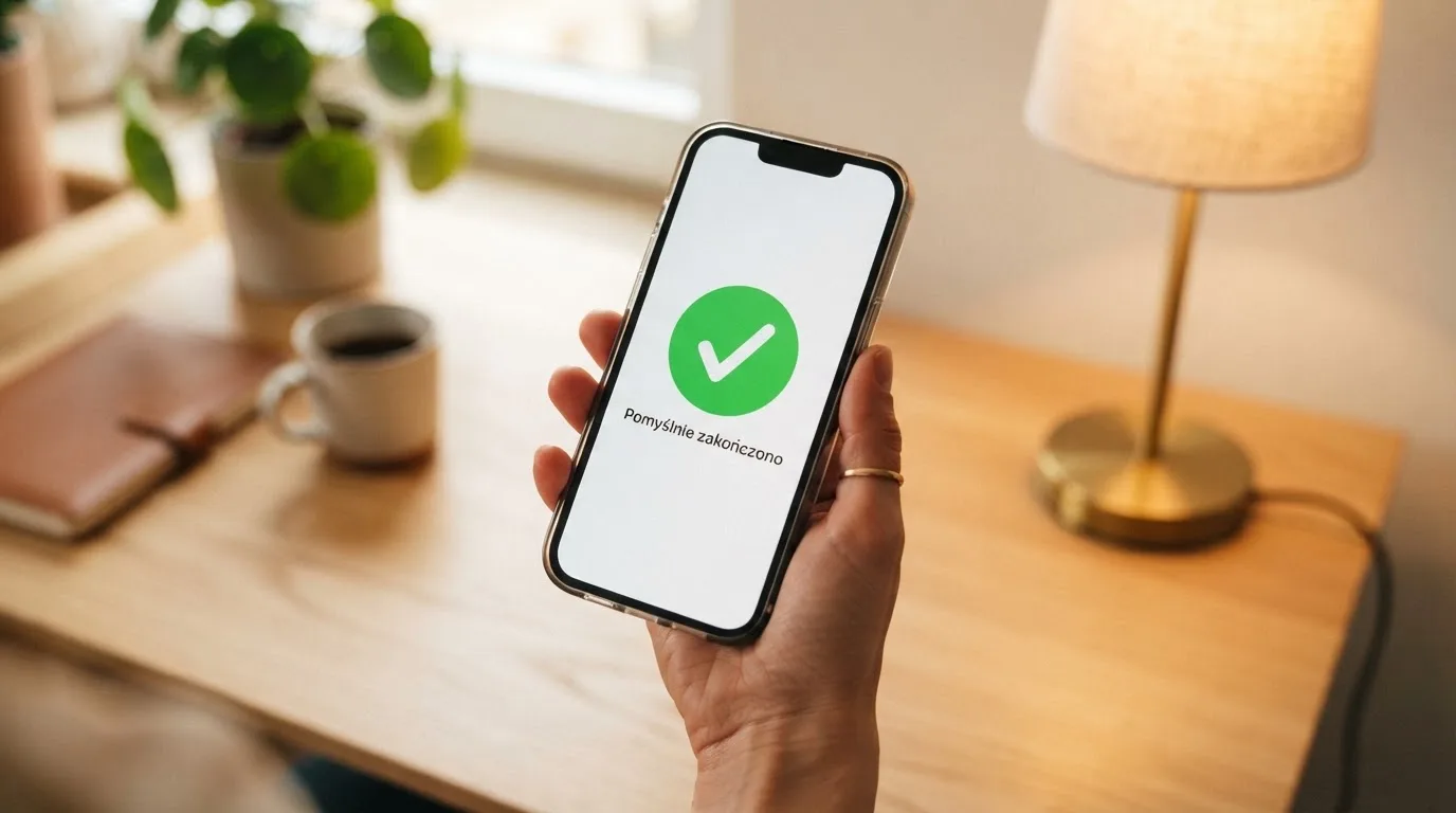 Dłoń trzyma smartfon z prostym zielonym znakiem potwierdzenia na ekranie aplikacji, na biurku stoi lampka