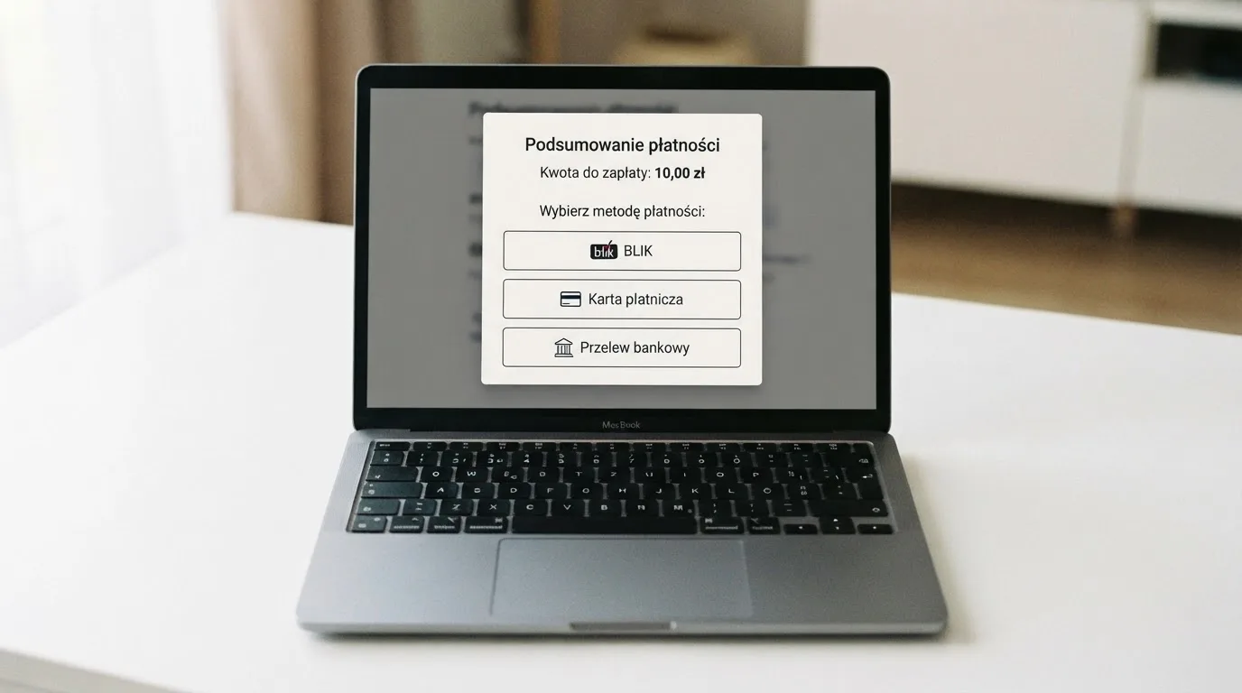 Laptop z otwartym oknem wpłaty na kwotę 10 zł i listą metod: BLIK, karta płatnicza, szybki przelew