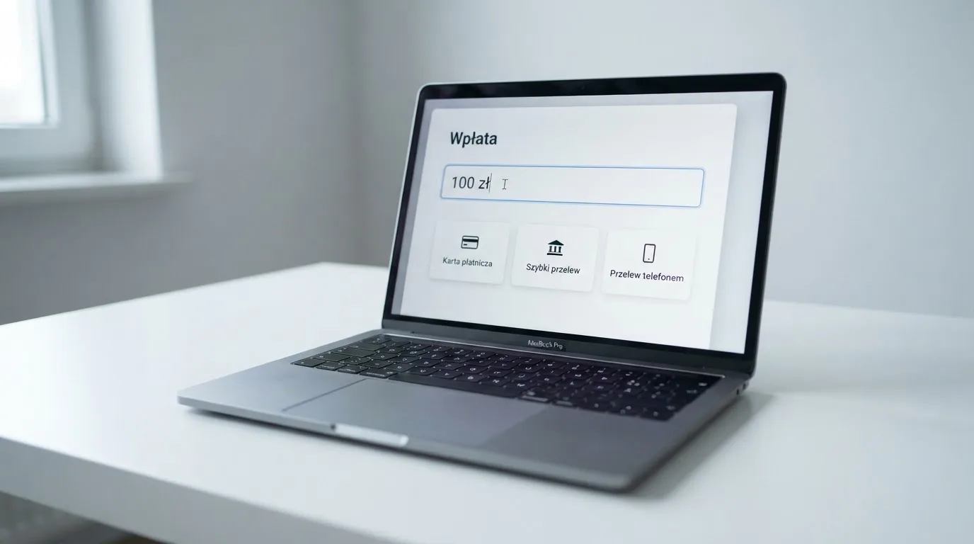Laptop z oknem wpłaty na ePortfel, wpisana kwota 100 zł i lista metod: BLIK, karta płatnicza, szybki przelew