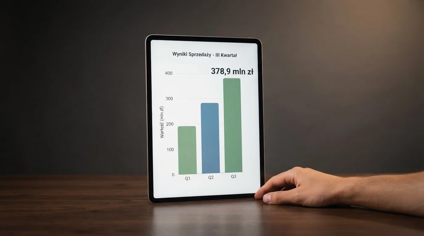 Tablet stoi na biurku z prostym wykresem słupkowym i jedną liczbą, dłoń spoczywa obok na blacie